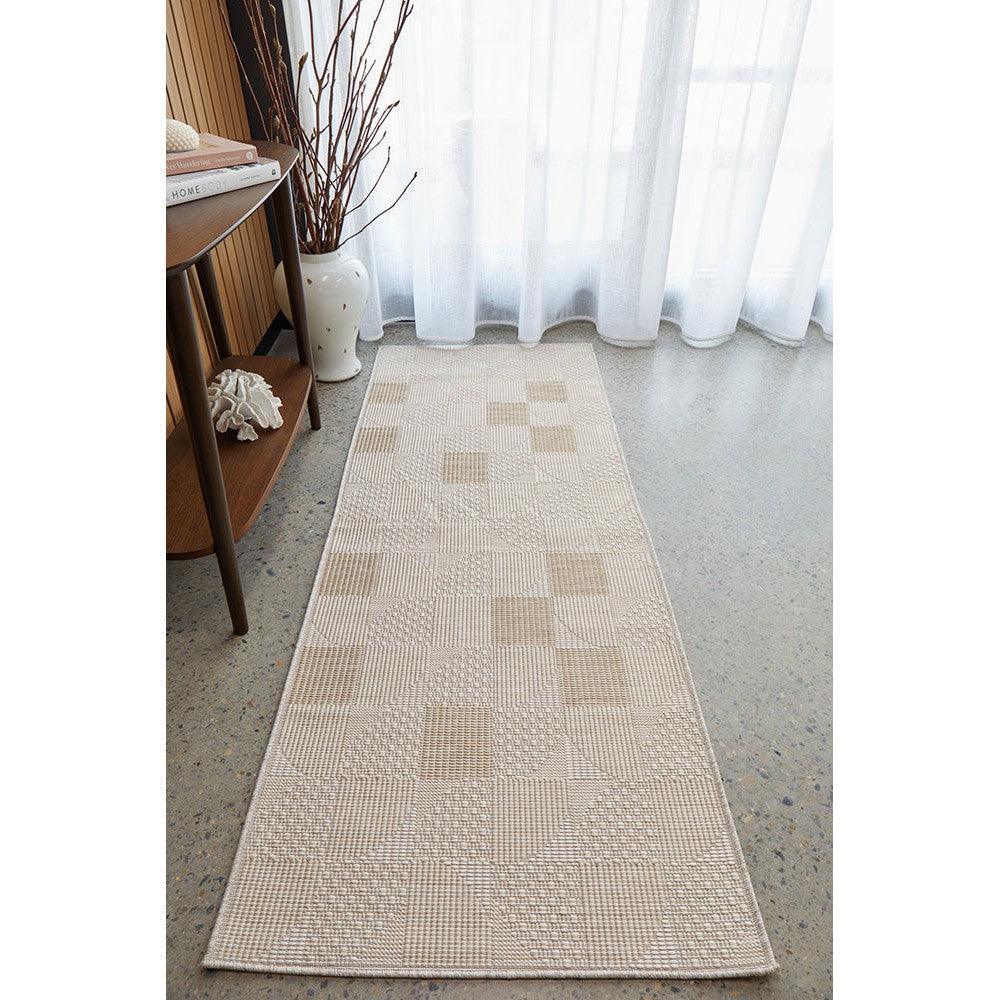 Patio Selin Natural Runner Indoor-Outdoor Rug featuring checkerboard pattern in cream and beige on light beige background, machine-made