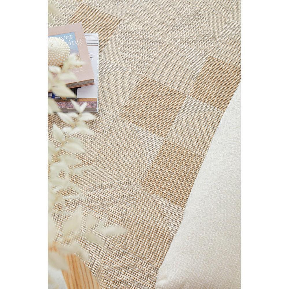 Patio Selin Natural Runner Indoor-Outdoor Rug featuring woven striped pattern in cream, beige and taupe on light beige background, power-loomed synthetic fibre