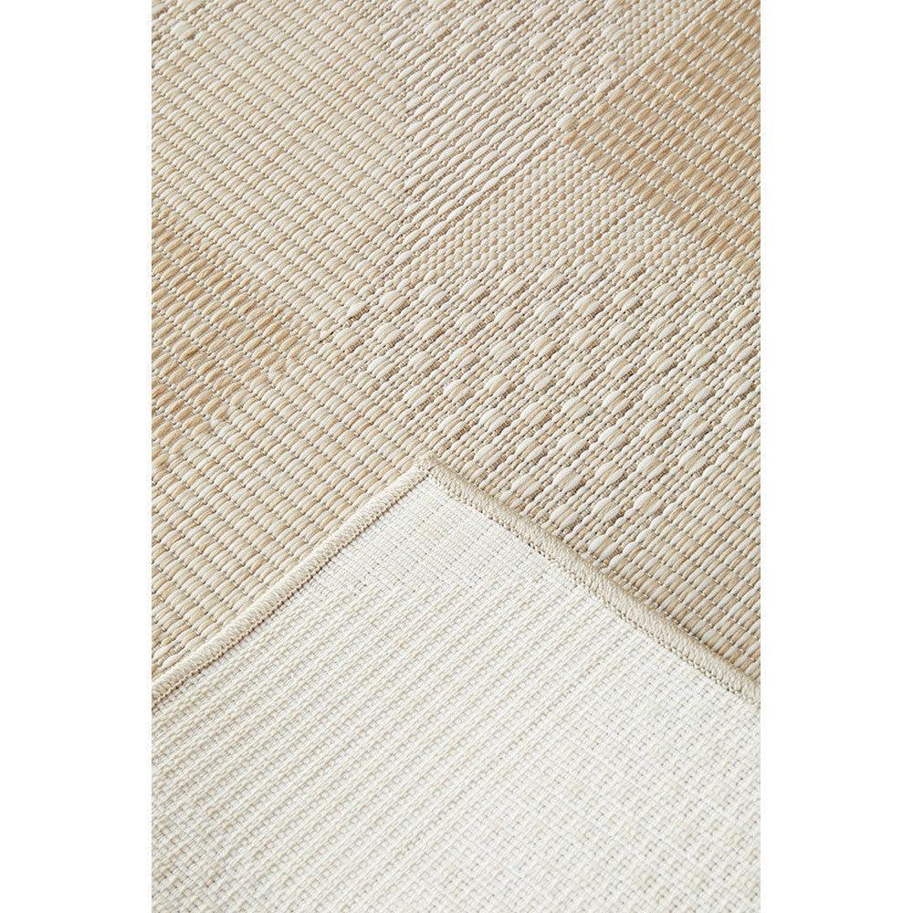 Patio Selin Natural Runner Indoor-Outdoor rug featuring patchwork woven blocks in beige, taupe and cream on light ivory background