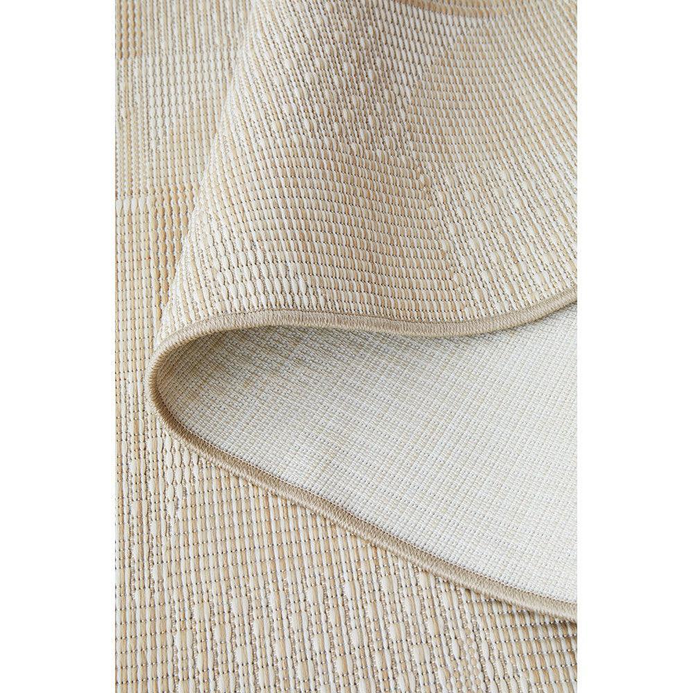 Patio Selin Natural Runner featuring textured woven stripes in cream, beige and sand on natural background, machine-woven polypropylene