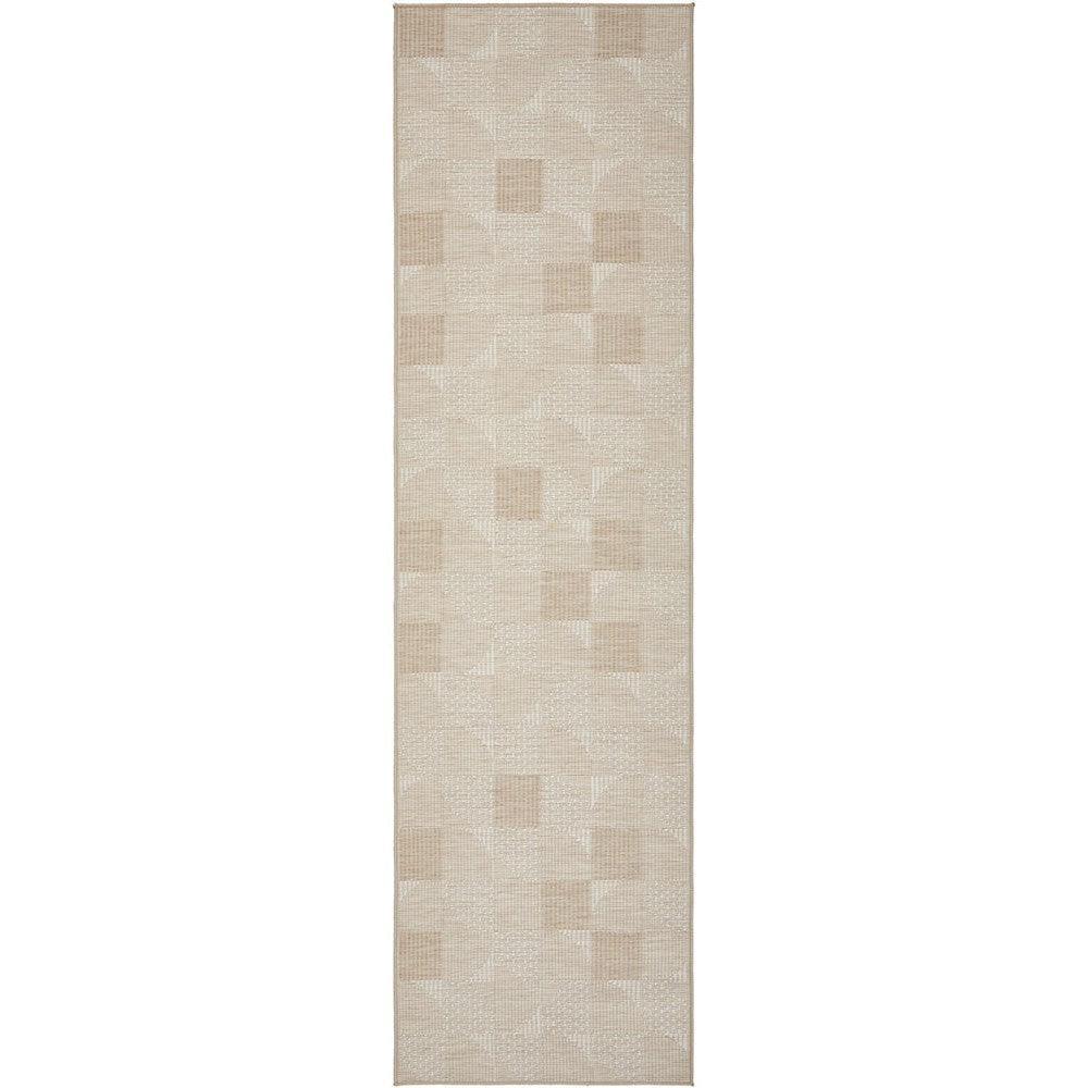 Patio Selin Natural Runner Indoor-Outdoor Rug featuring geometric block pattern in cream, beige and taupe on natural background, machine-made synthetic