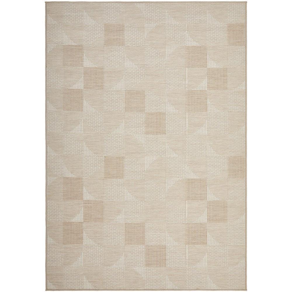 Patios Selin Natural Indoor-Outdoor Rug featuring geometric block pattern in beige and cream on natural background, machine-woven polypropylene