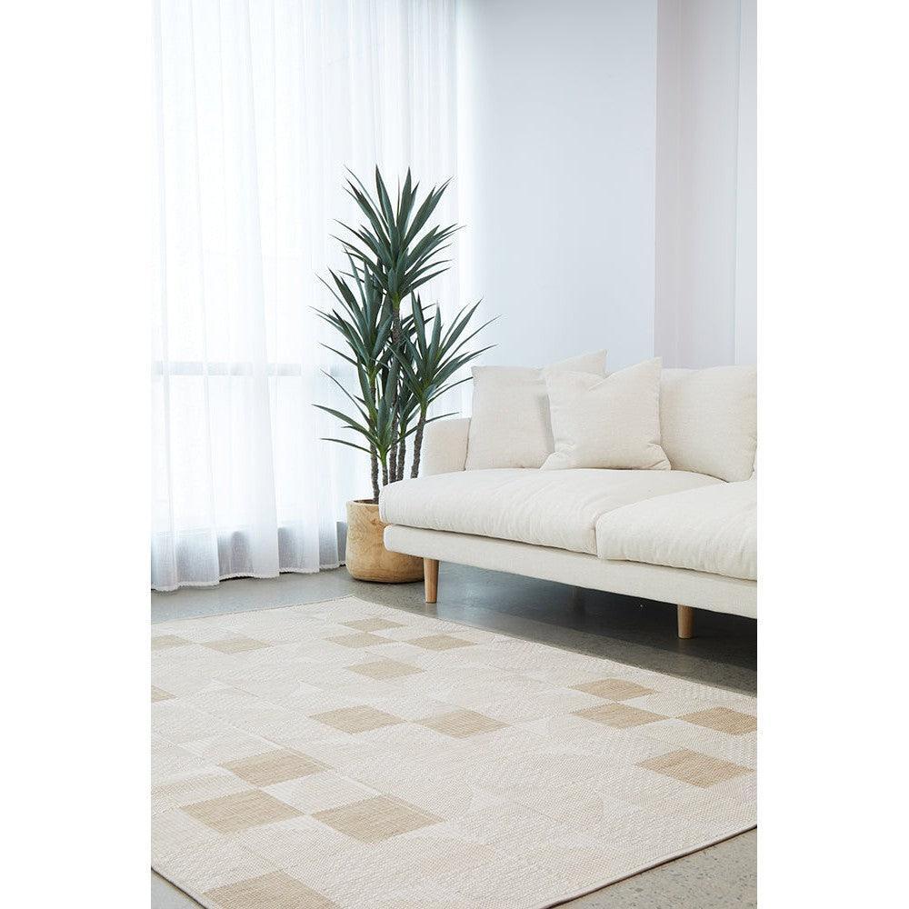 Patio Selin Natural Indoor-Outdoor Rug featuring beige/cream checkerboard on cream background, machine-woven polypropylene