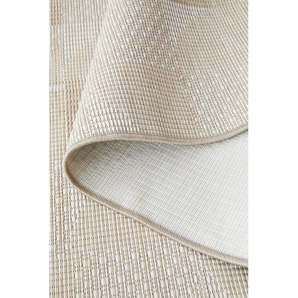 Patio Selin Natural Indoor-Outdoor Rug featuring woven grid pattern in cream, beige and taupe on light beige background, power-loomed polypropylene