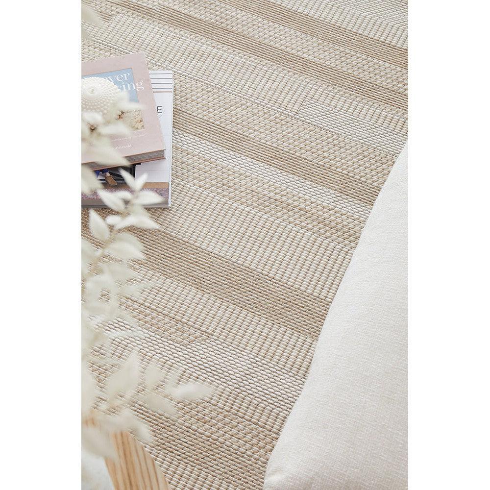 Patio Tilda Natural Runner Indoor-Outdoor Rug featuring striped woven pattern in beige, taupe and cream on natural background, woven natural fibre