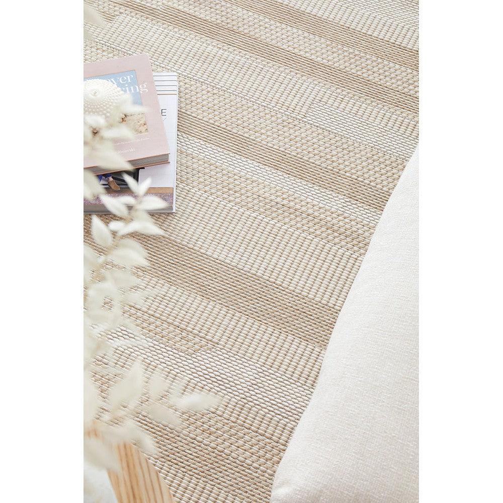 Patio Tilda Natural Indoor-Outdoor Rug featuring striped woven pattern in beige, taupe and cream on off-white background, power-loomed polypropylene