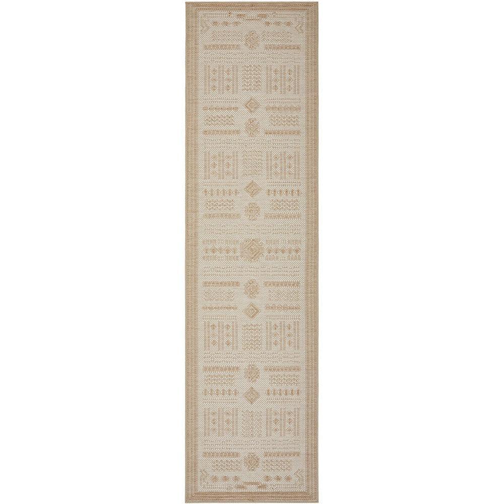 Patio Ziggy Natural Runner Indoor-Outdoor Rug featuring geometric block patterns in beige, taupe and ivory on a natural background, flat-woven polypropylene