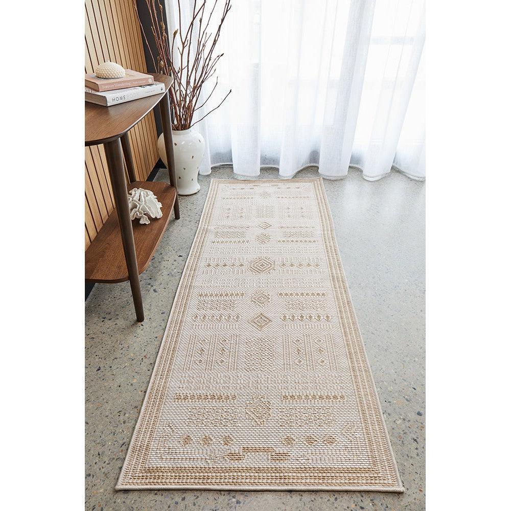 Patio Ziggy Natural Runner Indoor-Outdoor Rug featuring geometric tribal pattern in cream, beige and tan on natural background, outdoor polypropylene