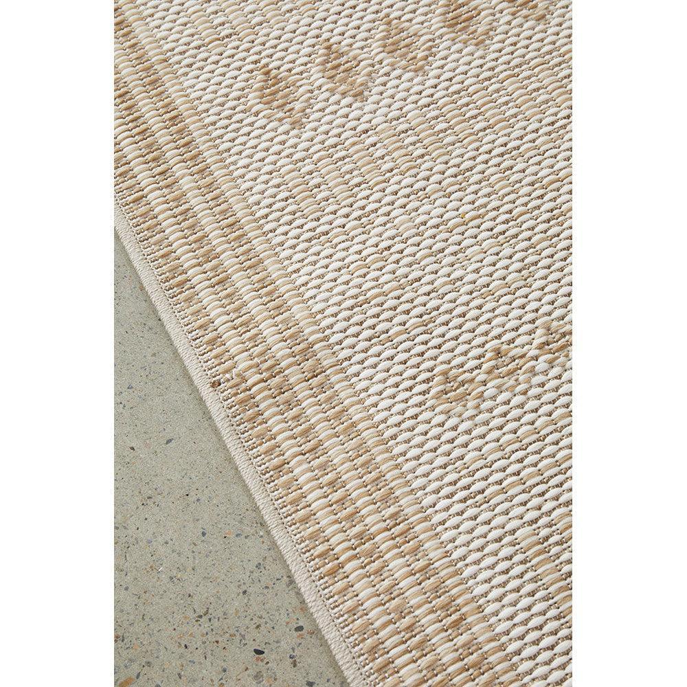Patios Ziggy Natural Runner Indoor-Outdoor Rug featuring woven stripe pattern in cream, beige, taupe on natural beige background, hand-woven jute