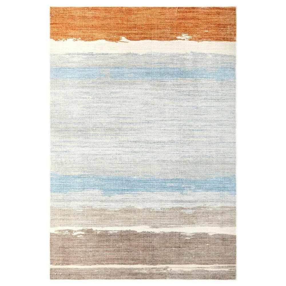 Revive Brody Tan Washable Rug featuring abstract stripes in burnt orange, cream, pale blue and taupe on cream background, power-loomed polypropylene