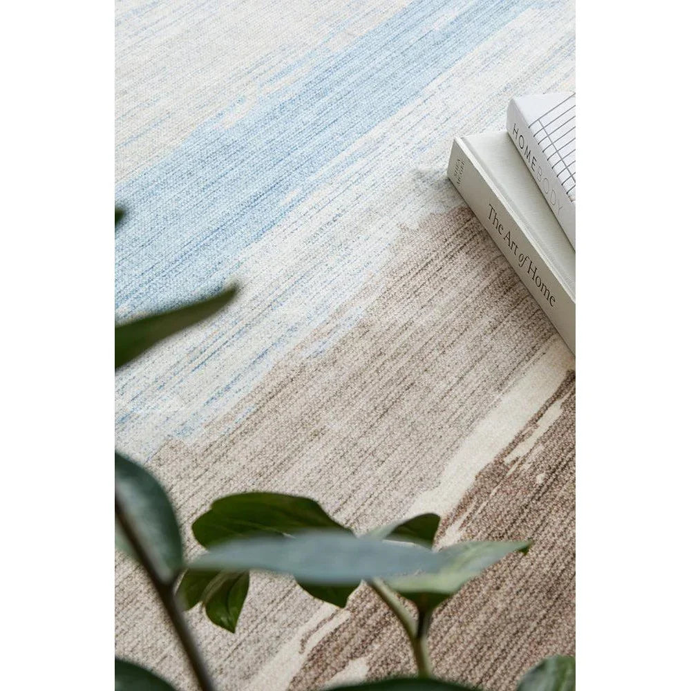 Revive Brody Tan Washable Rug featuring striped pattern in blue, cream and tan on beige background, machine-made polyester