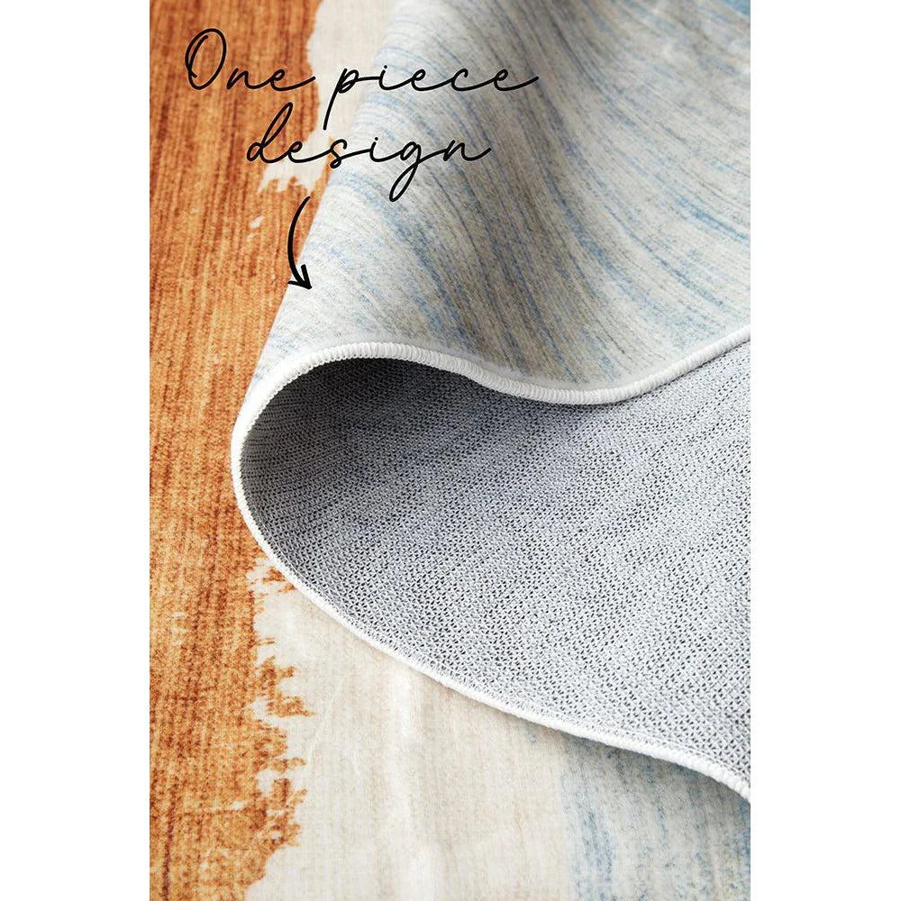 Revive Brody Tan Washable Rug featuring one-piece design in tan, blue and ivory tones on beige background, washable construction