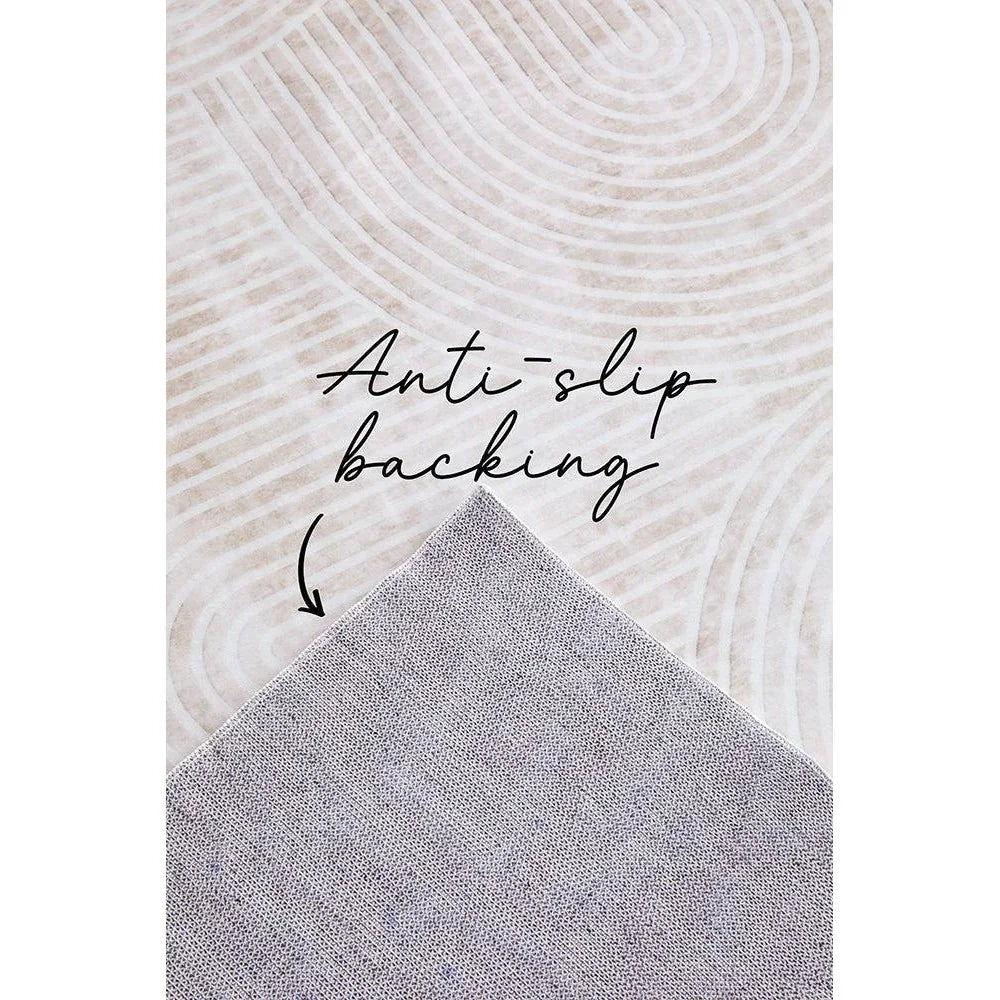 Revive Byron Natural Washable Rug featuring concentric pattern in ivory, beige and taupe on cream, machine-made polyester