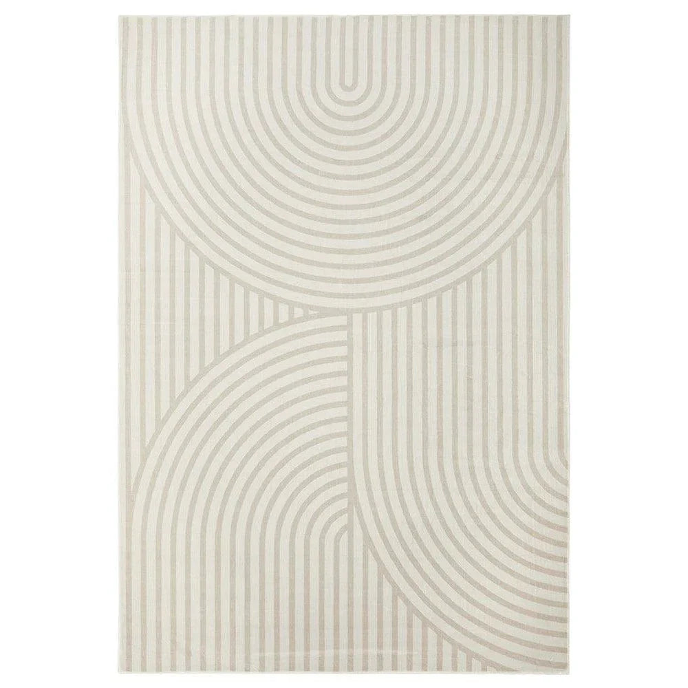 Revive Jett Natural Washable Rug featuring circular arc pattern in beige, cream and natural on ivory background, machine-made polyester blend
