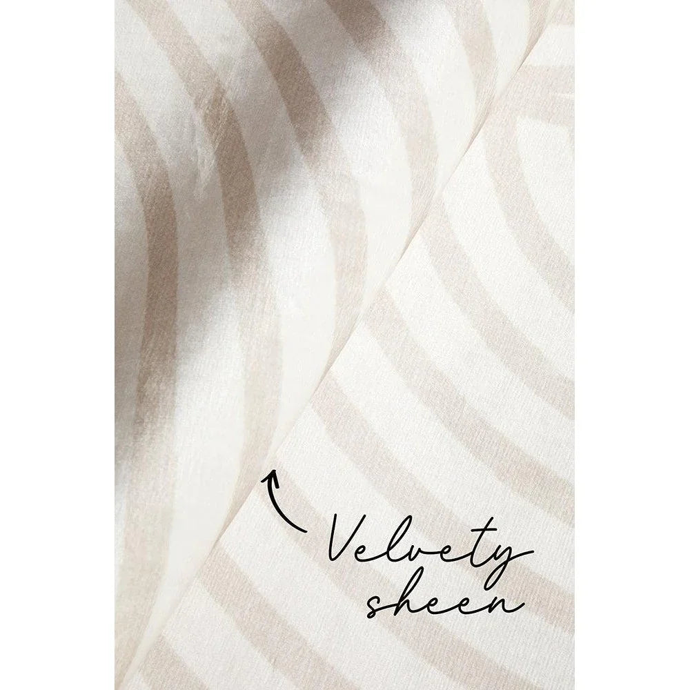Revive Jett Natural Washable Rug featuring stripe arc pattern in cream, taupe and beige on ivory background, machine-woven polyester blend
