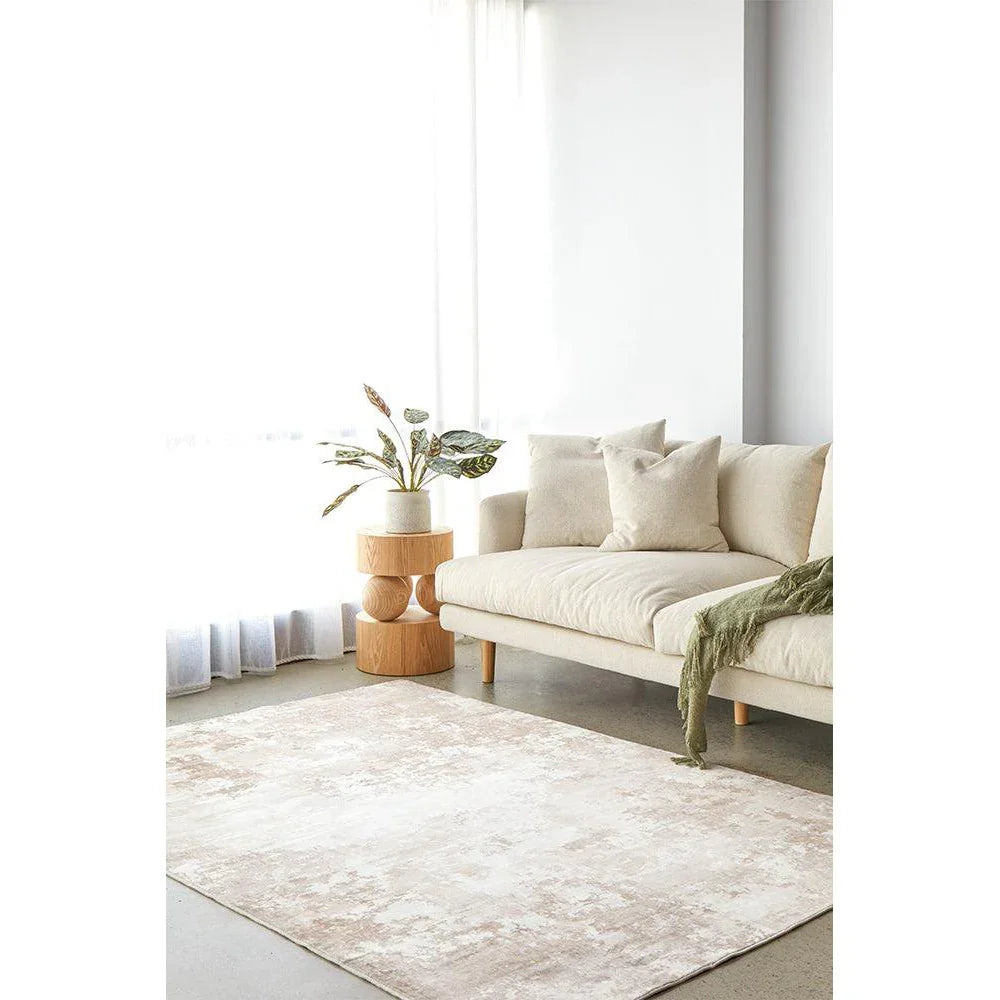Revive Kacie Natural Washable Rug featuring soft abstract wash in cream, ivory and beige on ivory backdrop, machine-woven polypropylene