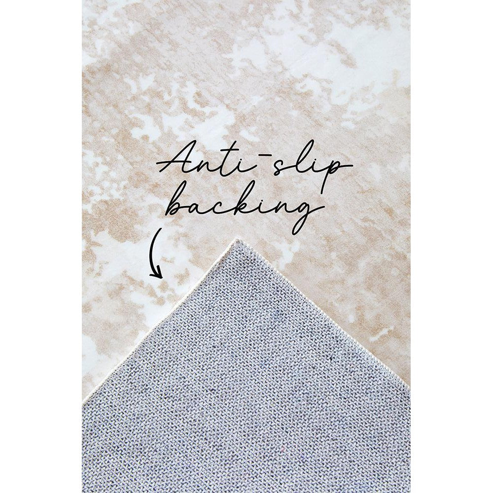 Revive Kacie Natural Washable Rug featuring textured weave in grey and ivory on beige background, anti-slip backing