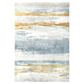 Revive Kyle Blue Washable Rug featuring abstract stripe in navy, powder blue, grey, ivory and ochre on pale background, machine-woven synthetic