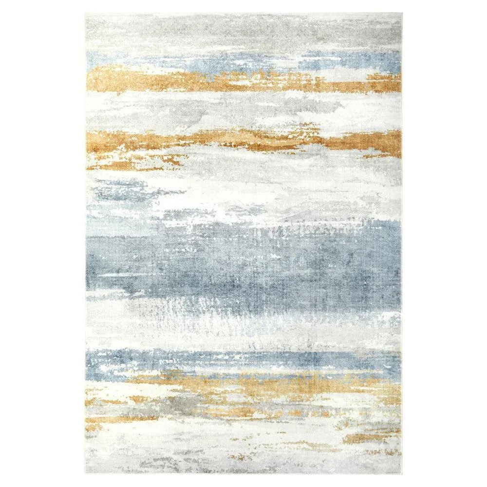 Revive Kyle Blue Washable Rug featuring abstract stripe in navy, powder blue, grey, ivory and ochre on pale background, machine-woven synthetic