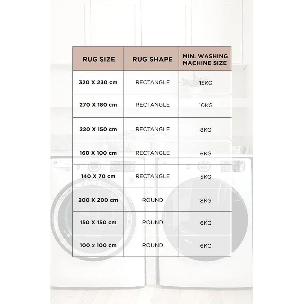 Revive Kyle Blue Washable Rug featuring size-chart guide in rectangle shapes on beige headers, against a light laundry-room backdrop, stock image