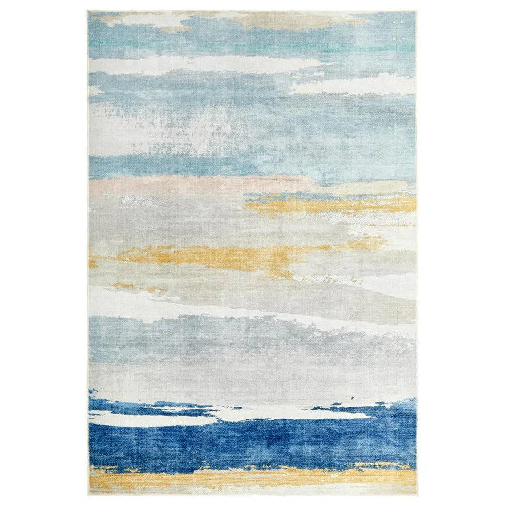 Revive Tyler Multi Washable Rug featuring abstract coastal stripe in navy, sky blue, cream and gold on light beige, machine-woven polyester