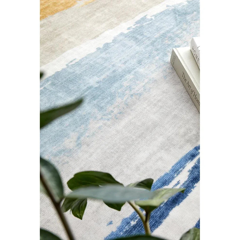 Revive Tyler Multi Washable Rug featuring abstract striped pattern in sky blue, cream, grey, beige and navy on white background, machine-made polyester