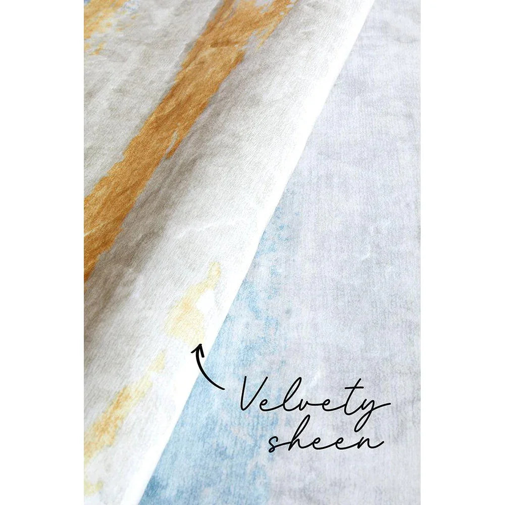 Revive Tyler Multi Washable Rug featuring abstract brushstrokes in orange-gold, light grey, pale blue on ivory, machine-made wool blend