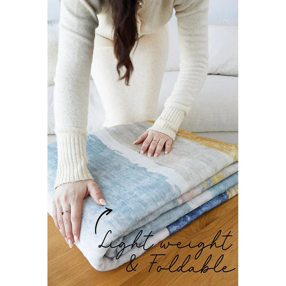 Revive Tyler Multi Washable Rug featuring watercolor stripe pattern in light blue, navy and cream on white background, lightweight foldable rug