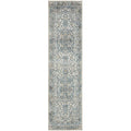 Sasha Blue Runner Rug featuring distressed floral pattern in navy, powder blue and ivory on beige background, machine-woven polyester