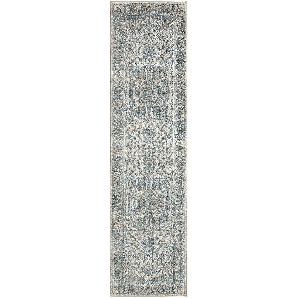 Sasha Blue Runner Rug featuring distressed floral pattern in navy, powder blue and ivory on beige background, machine-woven polyester