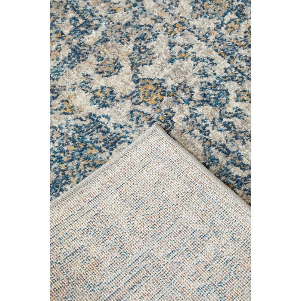 Sasha Blue Runner Rug featuring distressed abstract pattern in navy, sky blue, cream on beige background, machine-made polypropylene