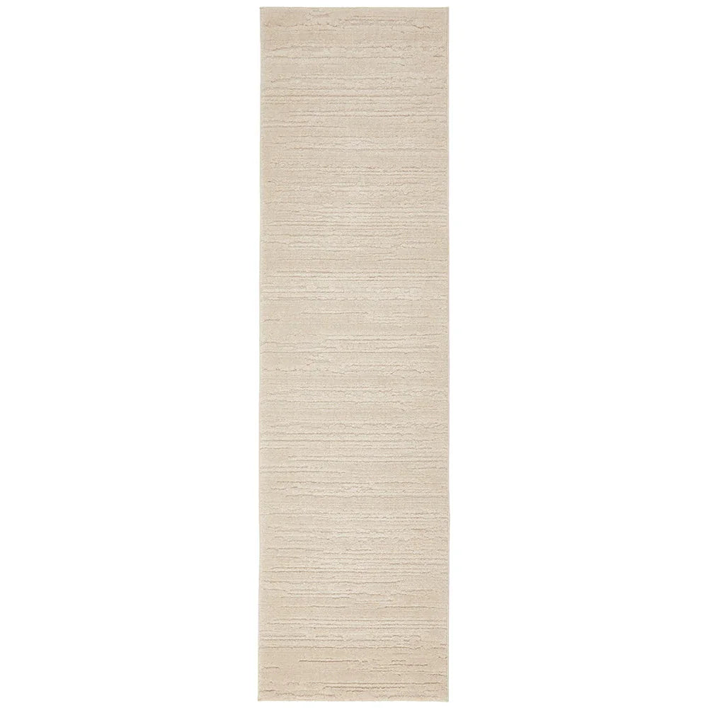 Serenade Ezra Natural Runner Rug featuring subtle horizontal stripe texture in ivory and beige on white background, machine-made polyester