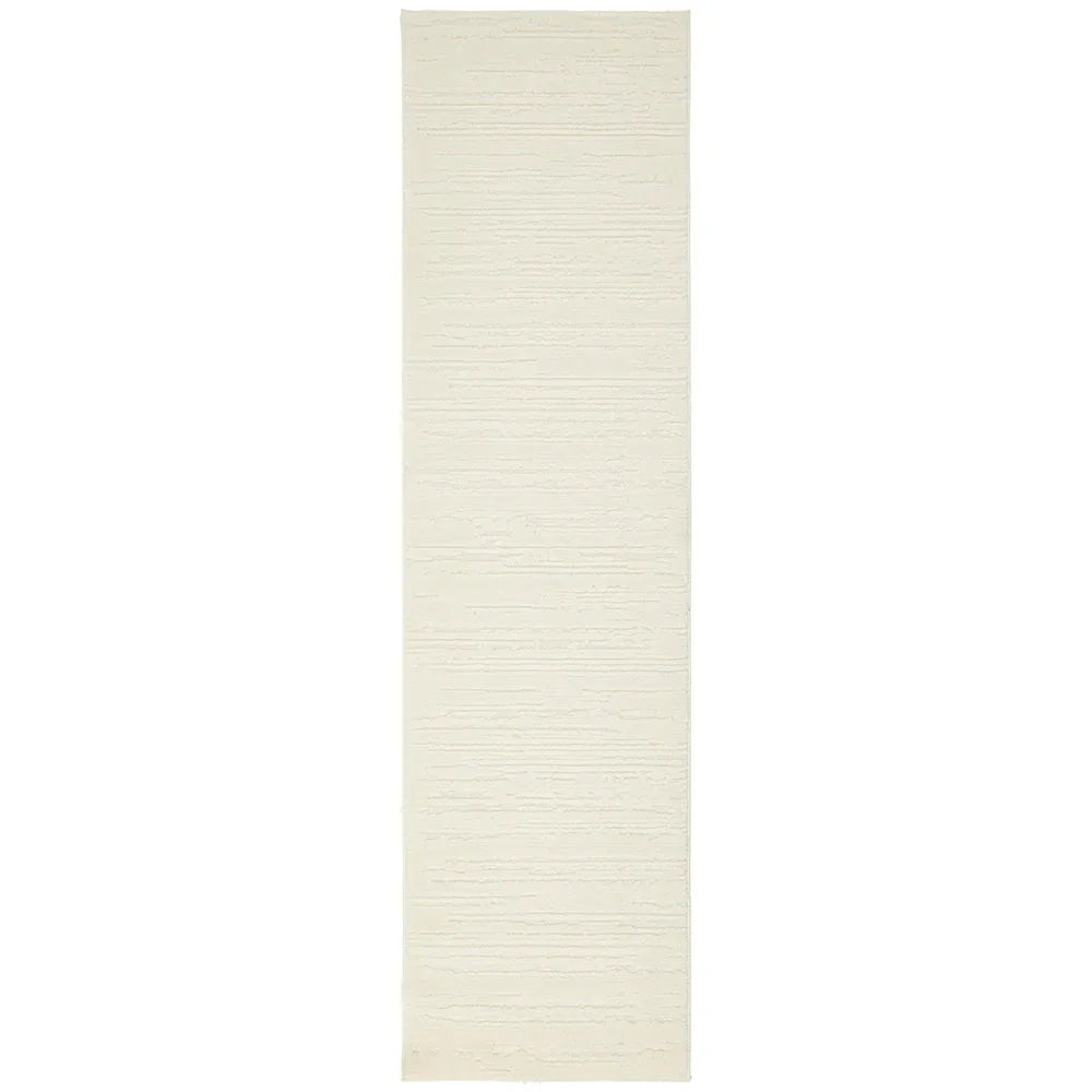 Serenade Ezra White Runner Rug with subtle horizontal striped texture in ivory and cream on cream background, hand-woven wool