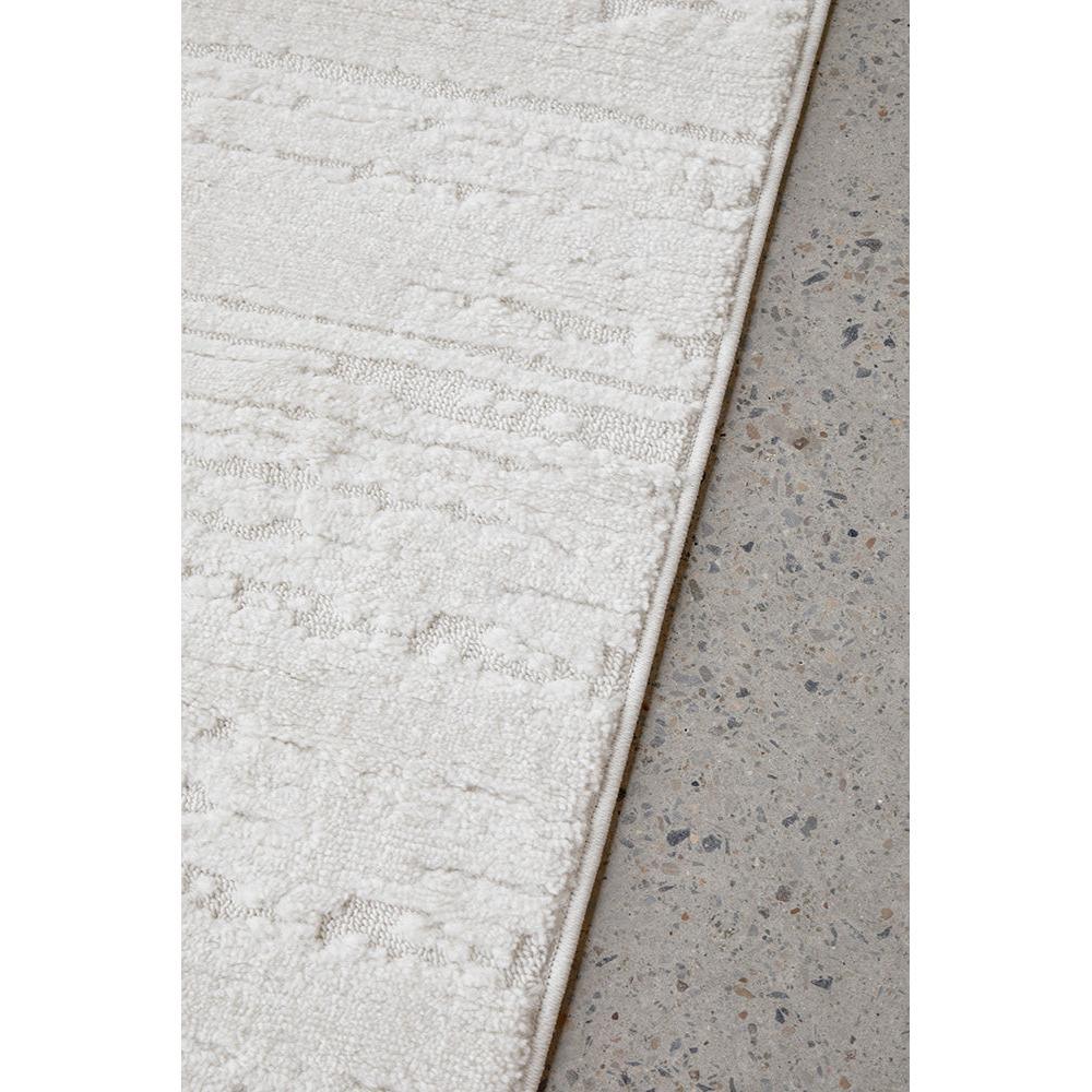 Serene Ezra White Runner Rug featuring textured stripe pattern in ivory and cream on light beige background, machine-made rug