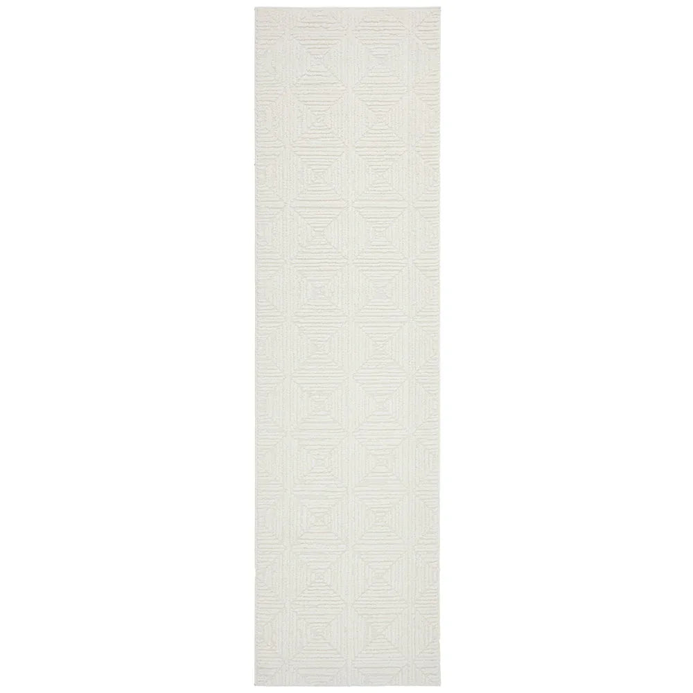 Serenade Shilo White Runner Rug featuring geometric quilt pattern in ivory and cream on white background, machine-made wool blend