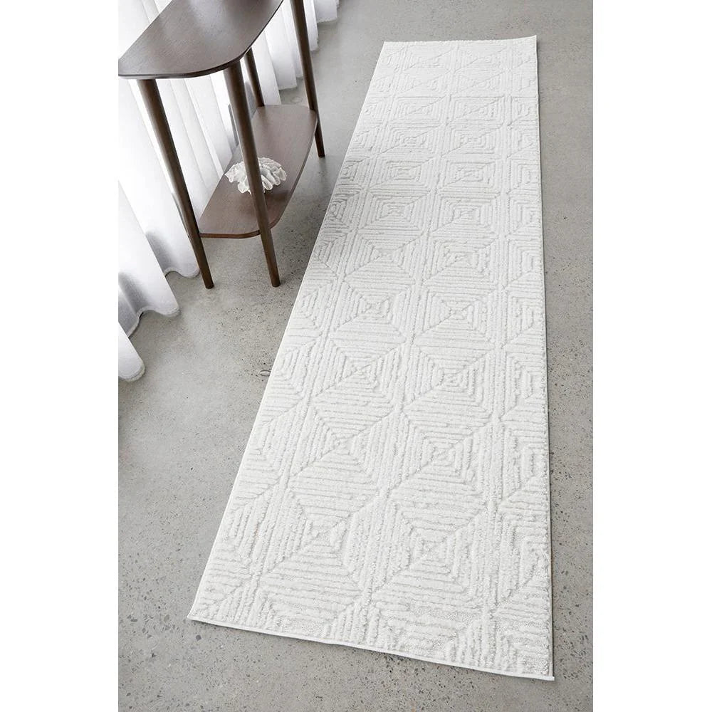 Serenade Shilo White Runner Rug featuring ivory and white geometric diamond pattern on pale background, machine-loomed polypropylene
