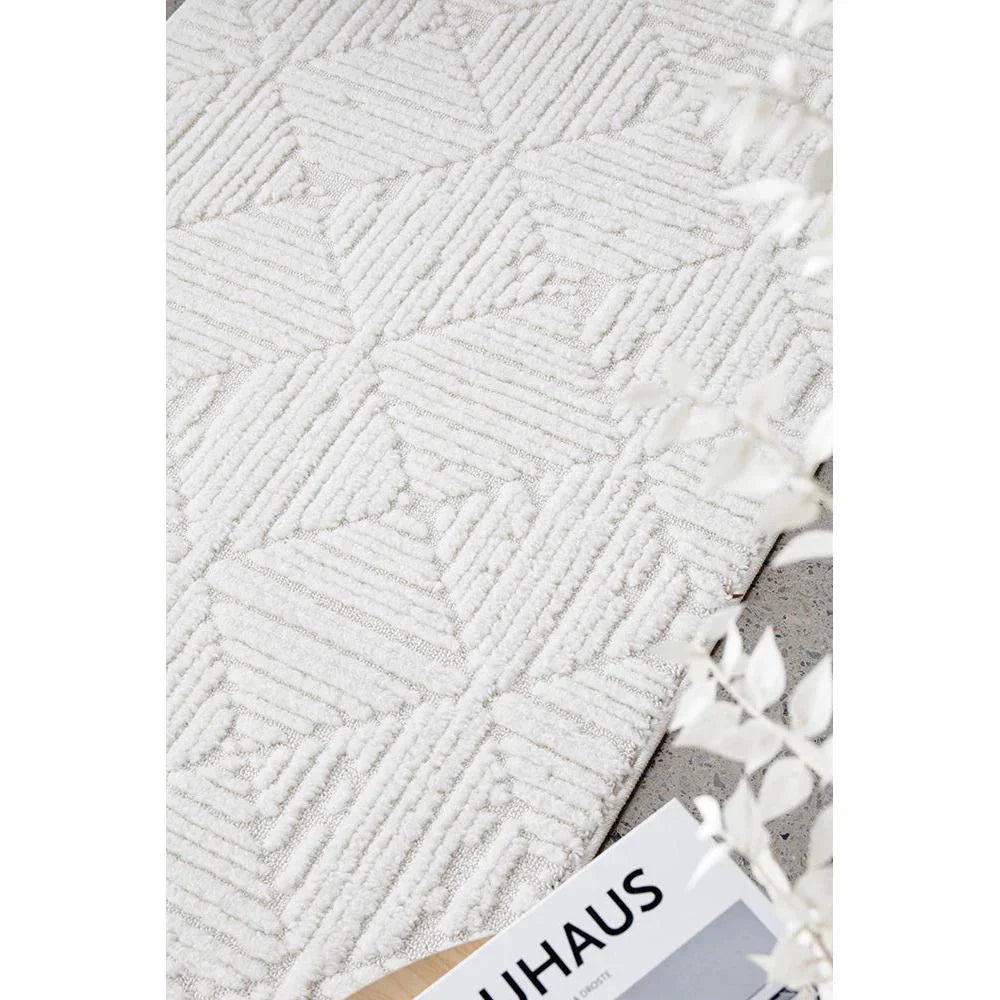 Serene Serenade Shilo White Runner Rug featuring geometric panel pattern in cream/white on ivory background, machine-woven polyester