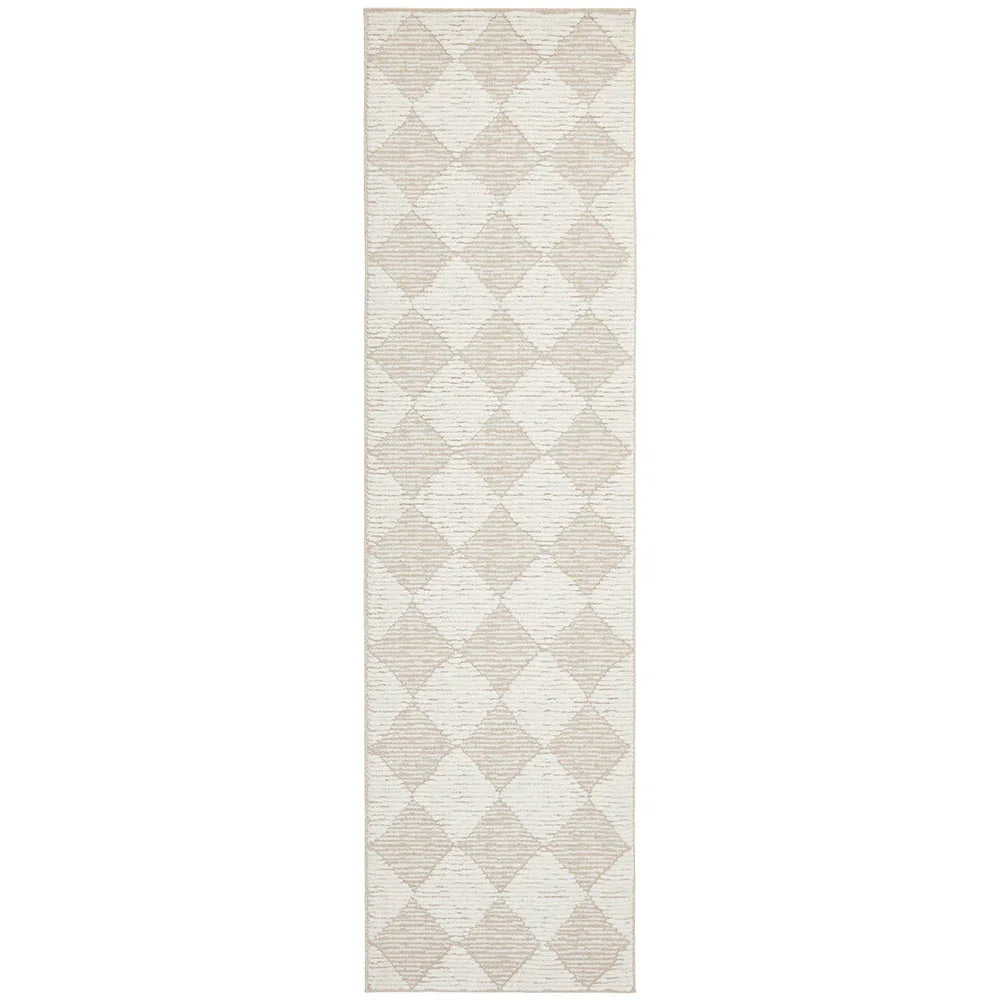 Serenade Yuri Natural Runner Rug featuring diamond trellis in cream and beige on ivory background, machine-made