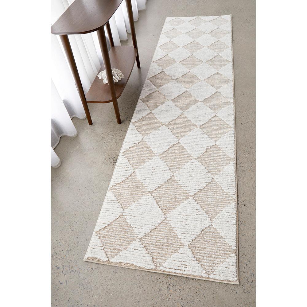 Serenade Yuri Natural Runner Rug featuring diamond pattern in beige, cream and ivory on ivory background, machine-made wool