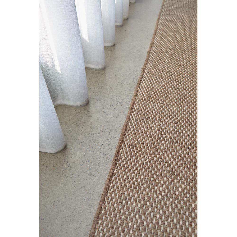 Steph And Gian Bark Walnut Rug featuring basket-weave in walnut brown, cream and beige on beige floor, hand-woven jute
