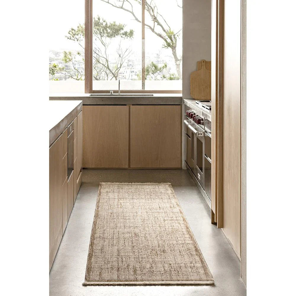 Steph And Gian Meadow Malt Runner Rug featuring textured weave in malt beige, cream and taupe on light grey floor, machine-woven wool