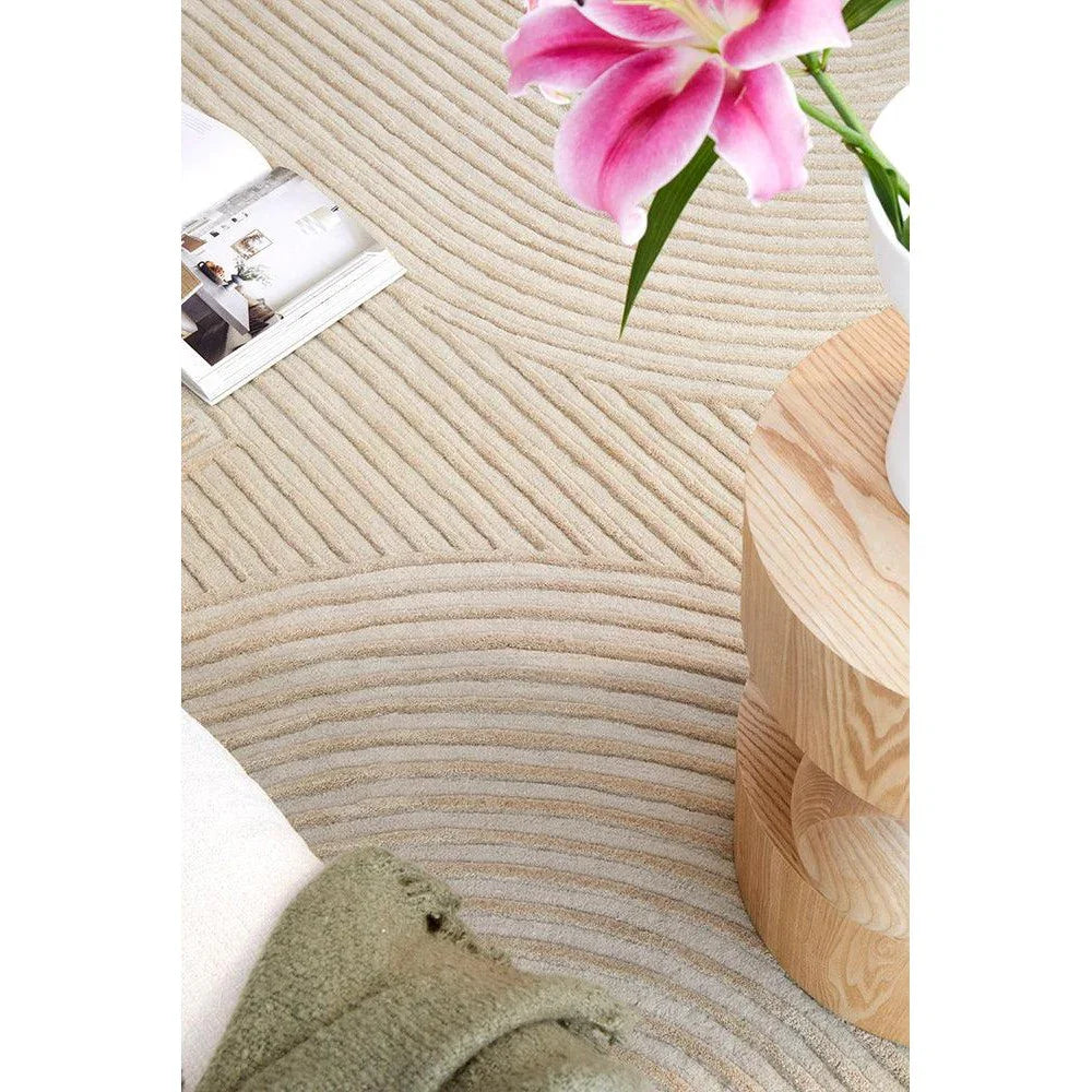 Summit Archie Beige Rug featuring wavy striped pattern in cream, beige and taupe on beige background, hand-tufted wool