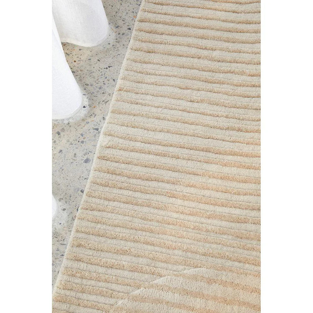 Summit Archie Beige Rug featuring ribbed striped texture in beige and cream on light grey background, machine-woven wool