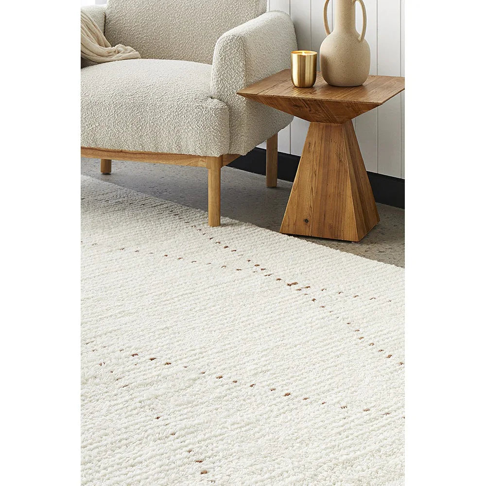 Summit Daina Natural rug featuring subtle dotted lines in cream, ivory and espresso on ivory background, hand-tufted wool