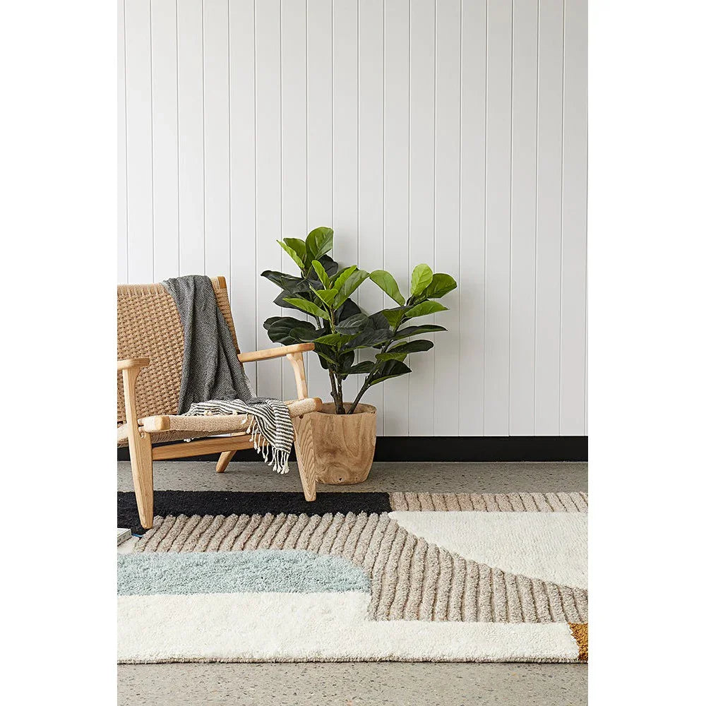 Summit Elroy Multi rug featuring geometric block pattern in cream, pale blue, taupe, beige on light cream background, power-loomed polyester