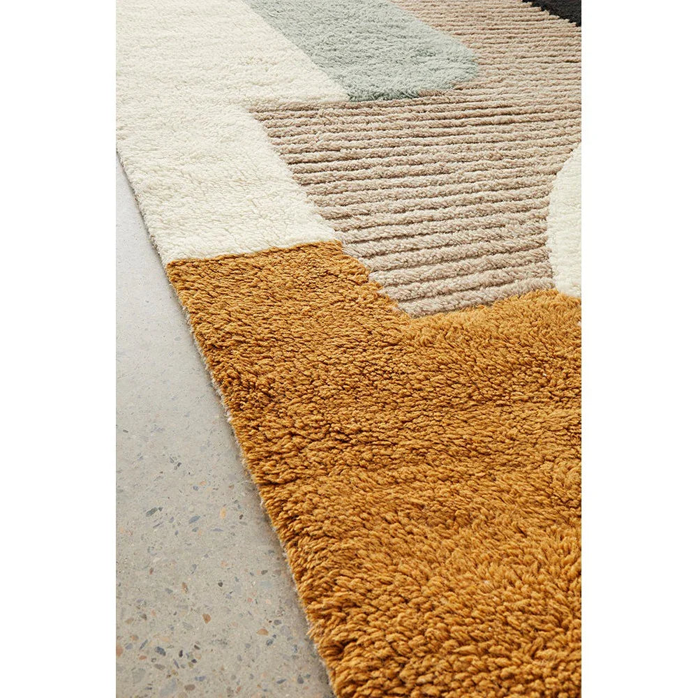 Summit Elroy Multi rug featuring geometric blocks in mustard, cream, beige and sage grey on ivory background, hand-tufted wool