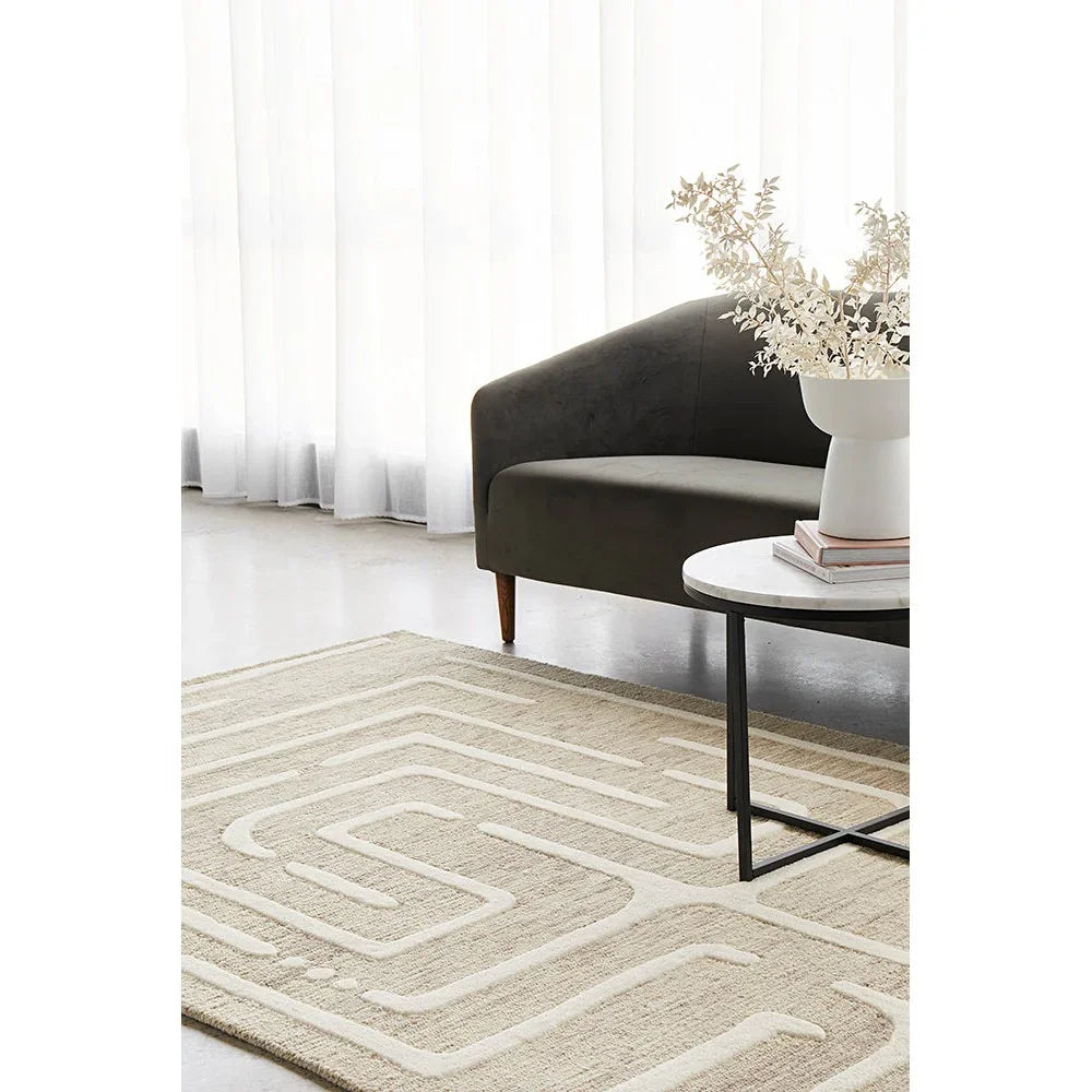 Summit Maze Linen rug featuring geometric maze pattern in cream, beige and taupe on light beige background, machine-woven