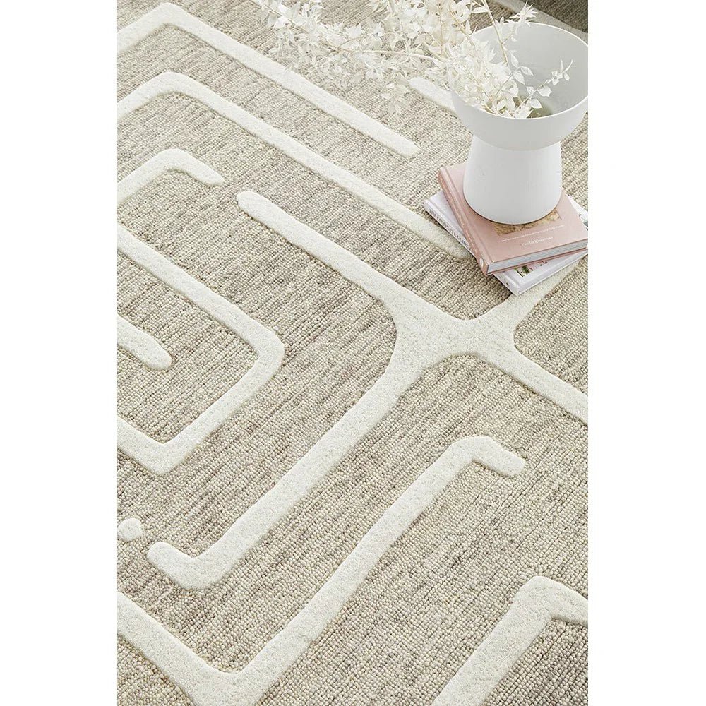 Summit Maze Linen rug featuring geometric maze pattern in cream and beige on light beige background, machine-woven linen