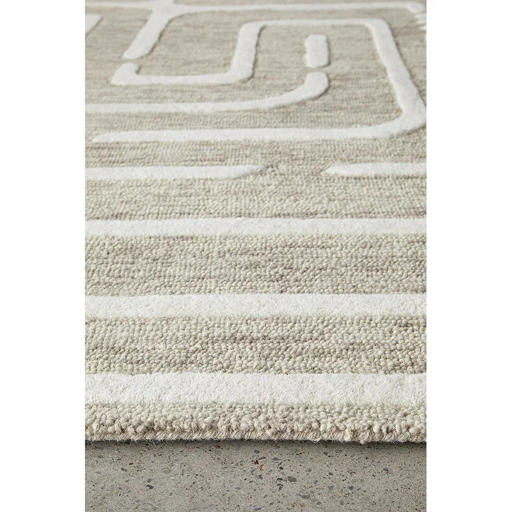 Summit Maze Linen rug featuring geometric maze pattern in beige, cream and taupe on linen background, hand-tufted wool