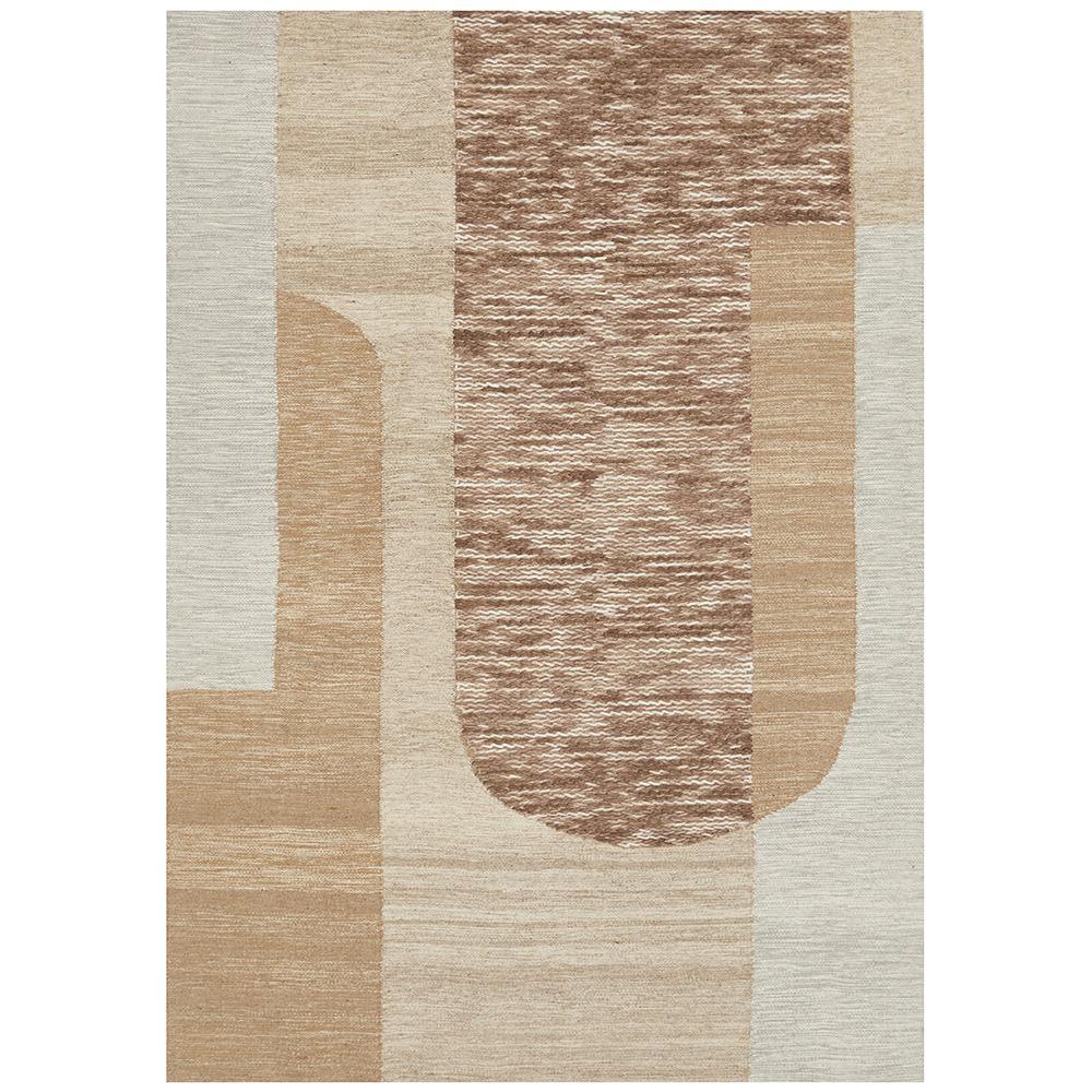 Summit Orb Toffee rug featuring abstract geometric shapes in toffee, beige, tan and cream on pale ivory background, hand-tufted wool